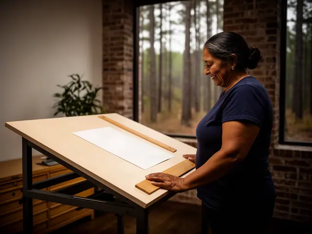 A woman with dark hair in a low bun beside new equipment in a small home-building company.