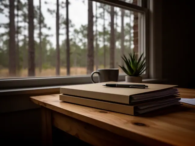 A neat stack of closed manila folders and a pen on a desk by a window.