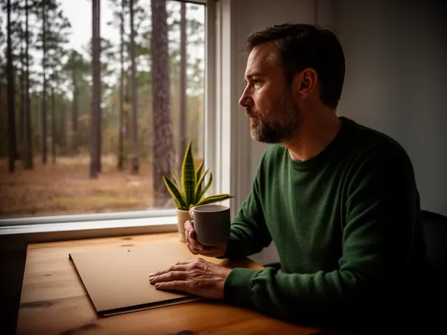 A man with short brown hair at a desk with a folder and a mug in a small back office.