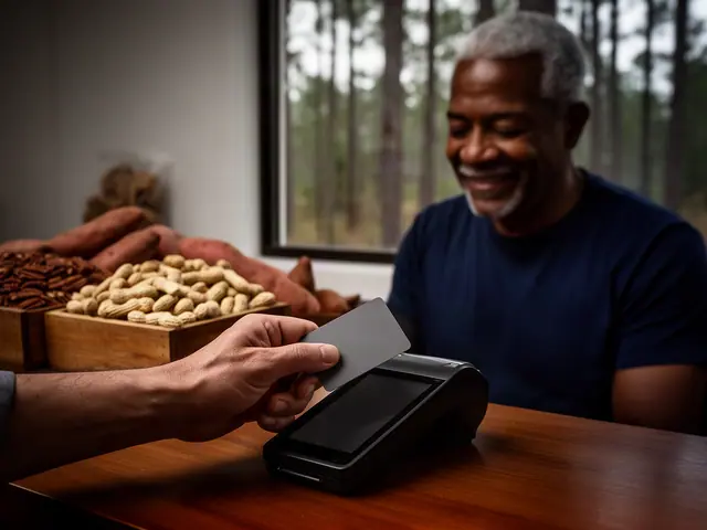 A customer taps a card on a counter terminal at a small country convenience store.