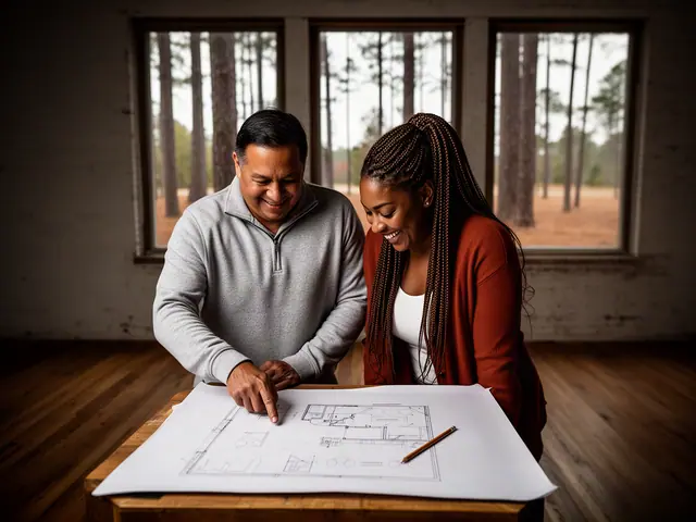 Two business partners looking over a pencil floor sketch in an empty storefront.